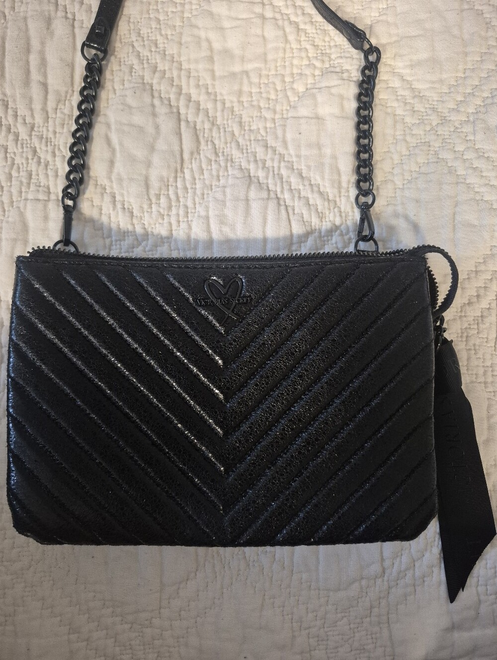 Victoria's Secret Black Quilted Chevron Chain Crossbody Bag